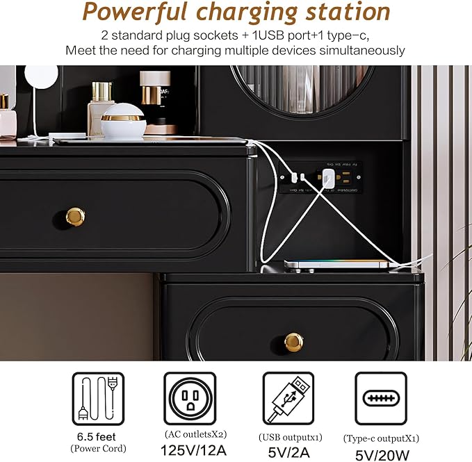 Vanity Desk with Mirror and Lights, with Power Outlet and 10 Lights Modern Capacity Makeup Vanity with 3 Drawers, Makeup Table for Bedroom,Makeup Room,Black