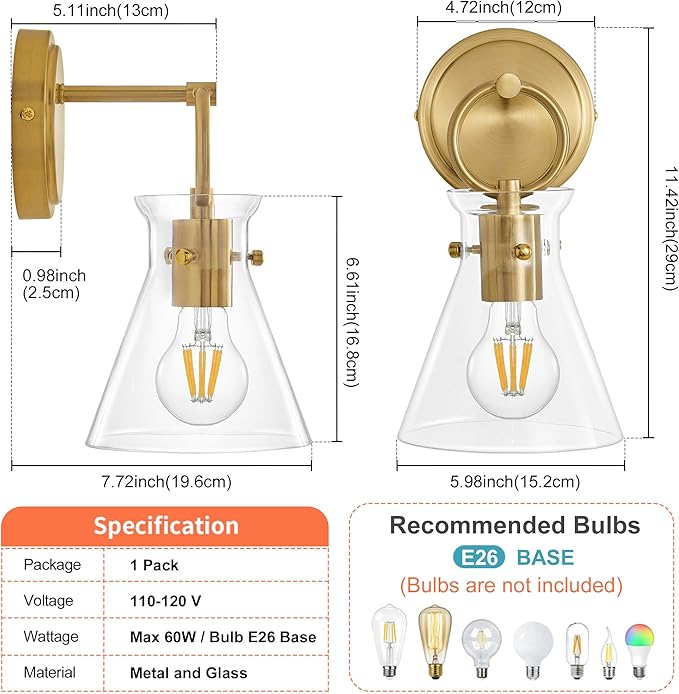 Gold Wall Sconce for Bathroom Modern Vanity Light Fixtures 1-Light Wall Mount Lighting Lamp Farmhouse Wall Lights with 6 Inch Clear Glass Shade for Bedroom Living Room Mirror Kitchen
