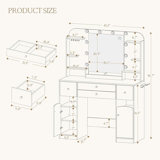 Vanity Desk with HD Mirror and Led Light, Makeup Vanity with Power Strip, Dressing Table with 4 Drawers, 42.5'' Large Tabletop, 2 Open Storage Cabinets, with Jewelry Storage, White