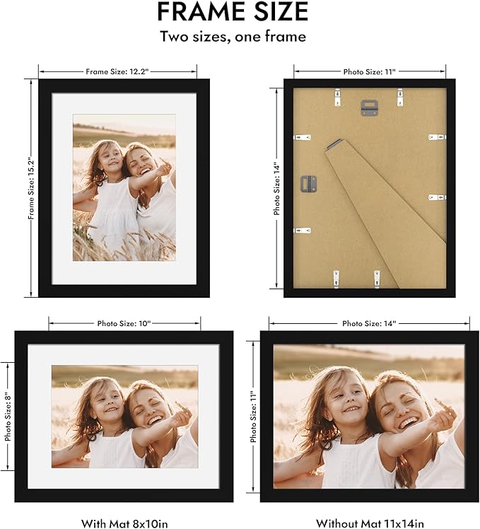 11x14 Picture Frame with Real Glass - 8x10 Wooden Frame with Mat, Horizontal and Vertical Display for Wall or Tabletop (Black, 1 Pack)
