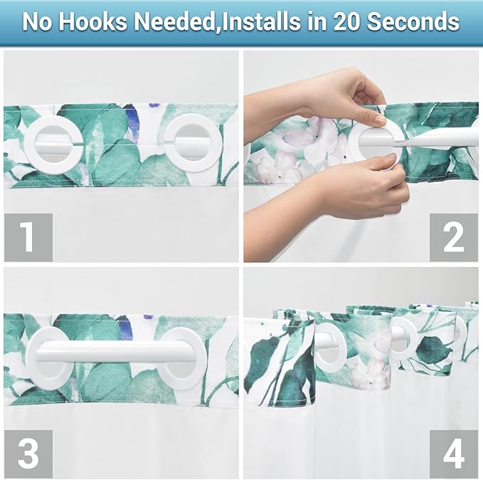 No Hook Shower Curtain with Snap in Liner - Eucalyptus Shower Curtain - Washable Waterproof Inner Liner, Plants Seaweed Green Leaves Modern Shower Curtains - Machine Washable, 71 x 74