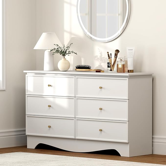 Bonzy Home White 6 Drawers Dresser, Modern Wide Chest of Drawers Dresser with Golden Handles, Wood Storage Organizer for Bedroom, Living Room, Hallway