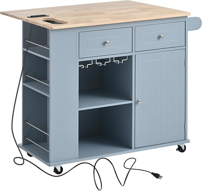 Rolling Mobile Kitchen Island Cart Cabinet with Door, Wine Rack, 2 Drawers and Open Storage Shelves for Dining Room