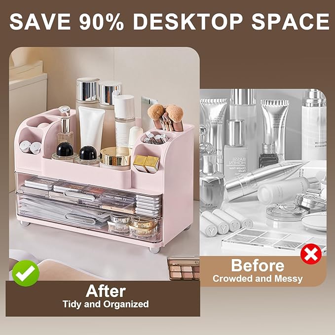DASITON Large Capacity Makeup Organizer for Vanity with 2 Drawers, Skincare Organizers with Makeup Brush Holder, Cosmetic Display Case for Dresser Vanity Bathroom Countertop (Pink)
