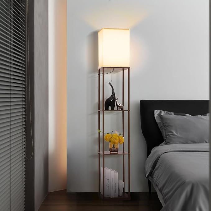 Floor Lamp with Shelves, Modern Square Standing Lamp with 3-Color Remote Control Dimming Bulb, Corner Display Bookshelf Lamp for Living Room, Bedroom and Office (brown-9YK)