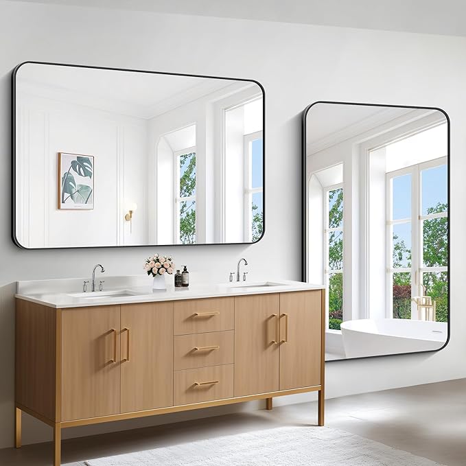 Bathroom Mirror, 55x36 inch Black Rectangle Wall Mirror, Metal Frame Rounded Corner Vanity Mirror, Large Wall Mounted Mirrors for Over Sink Bedroom Living Room Horizontal Or Vertical Mounting