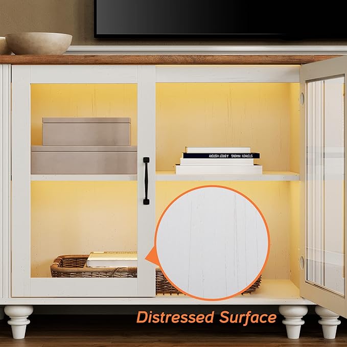 WAMPAT 100 Inch TV Stand, Wood TV Cabinet Entertainment Center for 75/80/85 Inch TV, 3-in-1 Kitchen Buffet Cabinet with Glass Door for Dining Room & Living Room, White