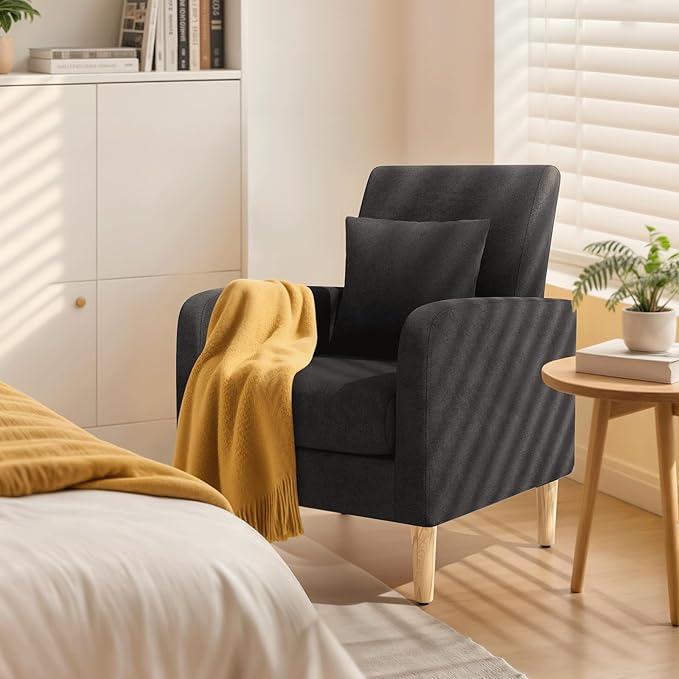 Magshion Mid-Century Accent Chair for Living Room, Comfy Reading Chair for Bedroom, Upholstered Linen Fabric Armchair Single Sofa with Back Pillow & Wood Legs, 300 lbs Capacity, Black