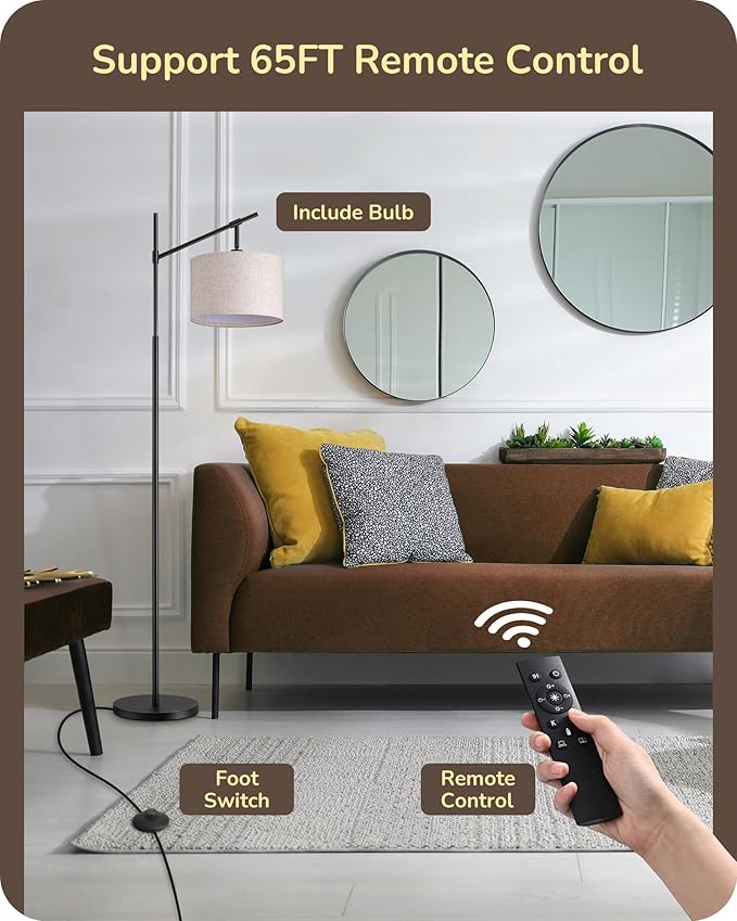 EDISHINE Modern Dimmable Floor Lamp, 63.8" Standing Lamp with Remote Control, E26 Socket, ACR Floor Lamp with Beige Shade for Bedroom, Living Room, Office, LED Bulb Included (Black)
