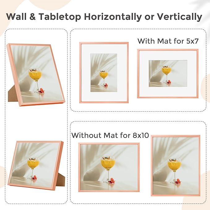 8x10 Picture Frame - 8 by 10 Metal Picture Frame With Mat | 8 x 10 Aluminum Photo Frame | Plexiglass And Hanging Hardware Included | 8x10 Gold Frame | Set of 3, Rose Gold