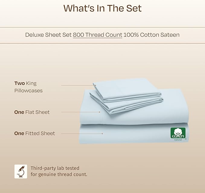 California Design Den King Sheet Set - Luxury Hotel 800 Thread Count Sateen, Natural 100% Cotton King Size Sheets Deep Pocket Set, Anti-Skid Elastic for a Snug Fit, Cool and Durable - Light Blue