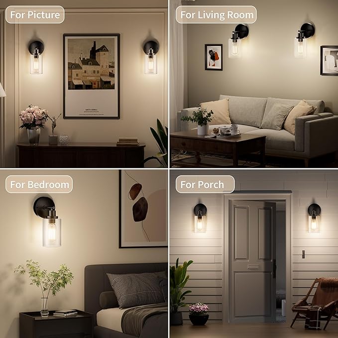 Black Wall Sconce Light: Modern Wall Sconces Indoor, LED Wall Light Fixtures with E26 Base and Clear Glass Shade, Sconces Wall Lighting for Hallway, Bedroom, Living Room, and Mirror