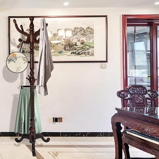Coat Rack Freestanding, Wooden Tree Coat Rack Stand with 2 Adjustable Sizes Coat Tree and 11 Hooks, Sturdy Hall Tree with Tri-Legged Base for Entryway, Hallway, Bedroom (Walnut-Tri-Legged Base)