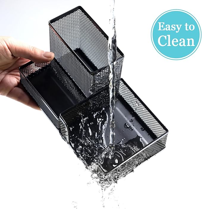2 Pieces Black Mesh Pen Holder Desktop Organizers Pencil Holder for Desk 3 Compartments Metal Office Supply Organizer with Sticky Notes Holder forOffice Desk Accessories