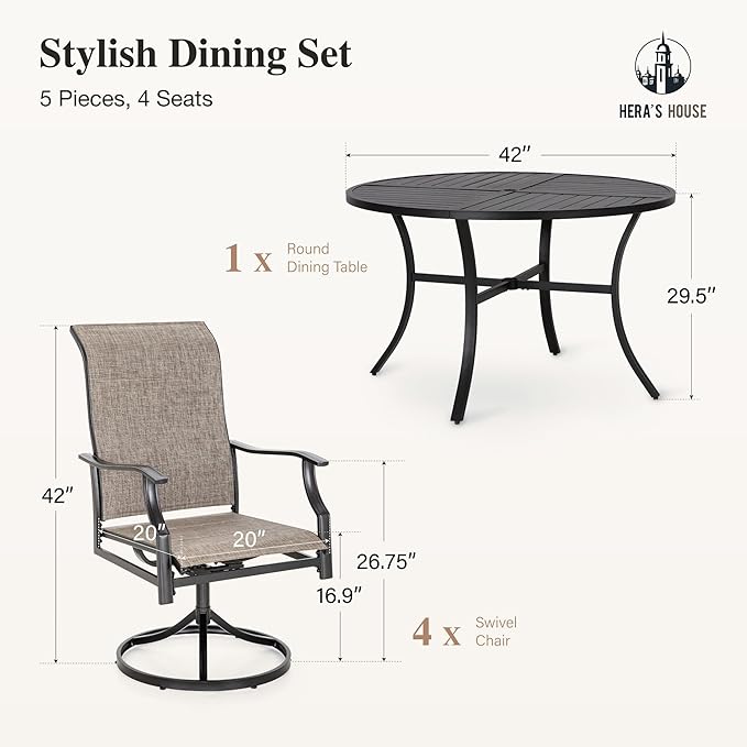 HERA'S HOUSE Outdoor Patio Dining Set of 5, 5 Piece Outdoor Table and Chairs Set of 1 Round Patio Table and 4 Quick Dry Textilene Swivel High Back Rocking Chairs for Lawn, Park, and Garden