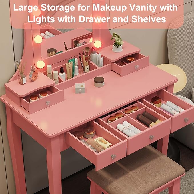 Vanity Desk with Mirror and Lights Makeup Vanity Desk with Lights Pink Vanity Table with Drawers and Chair Make Up Vanity with Lighted Mirror