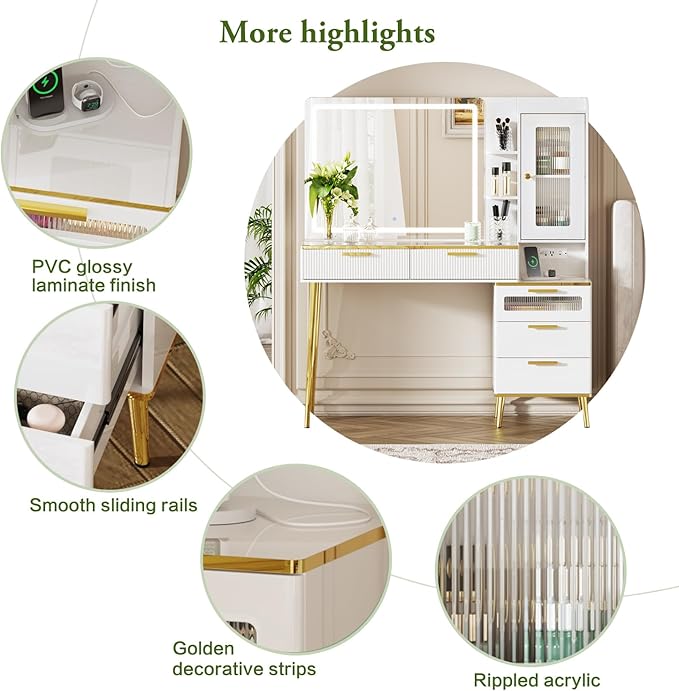 47.24" Big Modern Vanity Desk with Mirror and Lights,Makeup Vanity Desk with 5 Drawers and Storage Shelves & Power Outlet,Dressing Table with Glass Top, White