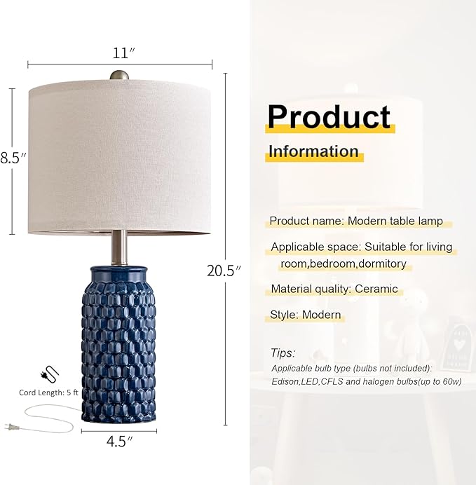 20.5 inches Modern Ceramic Dark Blue Bedside Lamp Set of 2 for Bedroom Decor Farmhouse Table Lamp for Living Room Office Dorm