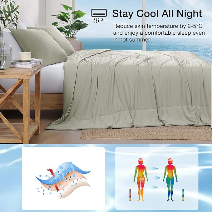 Monbix ChillChilla Cooling Comforter Twin Size-2 Pieces Cooling Blankets for Hot Sleepers and Night Sweats, Double-Sided Summer Twin Comforter Set, Breathable Lightweight Blanket Grey