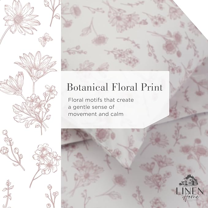 Linen Home 100% Cotton Printed Percale Sheets California King Size, Deep Pocket, 4 Pieces Set-1 Flat, 1 Deep Pocket Fitted Sheet and 2 Pillowcases, Crisp Cool Bed Linen, Mauve Botanical Floral