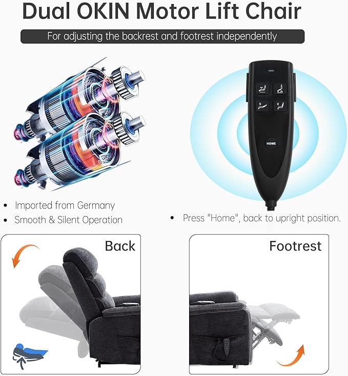 Lay Flat Lift Chair with Heat and Massage, Dual Motor Recliner, Infinite Position, Up to 350 LBS, Dark Grey, Chenille Fabric