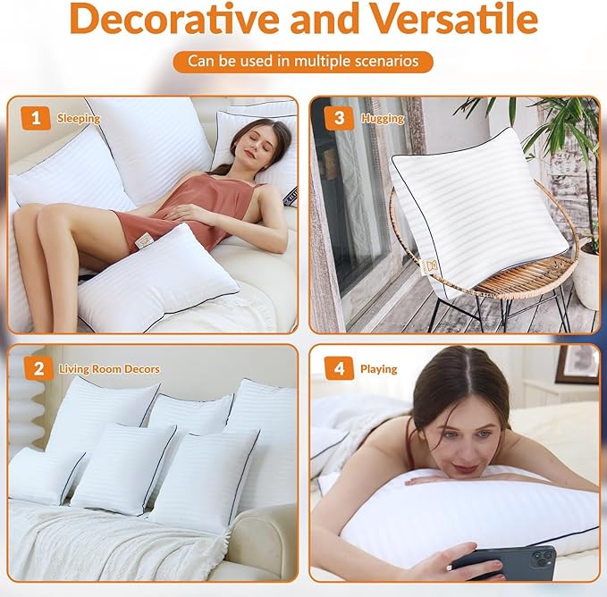 Pillows Insert 26'' x 26'' Set of 2, Decorative Euro Throw Pillows with Luxury Silky Covers for Indoor Couch, Sofa or Bed Decors, White Striped Cushion Sham Stuffer