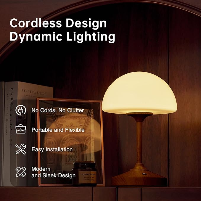 Mushroom Lamp Table Lamp Waterproof,Desk Cordless Battery Operated Lamps for Bedroom,Outdoor Cordless Rechargeable Table Lamps for Night Stands,5000mAh LED Night Light for Living Room(Walnut)