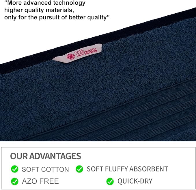 CASA COPENHAGEN Zero Twist, 6 Pieces Set 100% Cotton 0" Twist Towel Set- Dark Blue, 600 GSM, 2 Bath, 2 Hand, 2 Washcloths Made from Egyptian Cotton, Ultra Soft Luxury Towels for Bathroom.