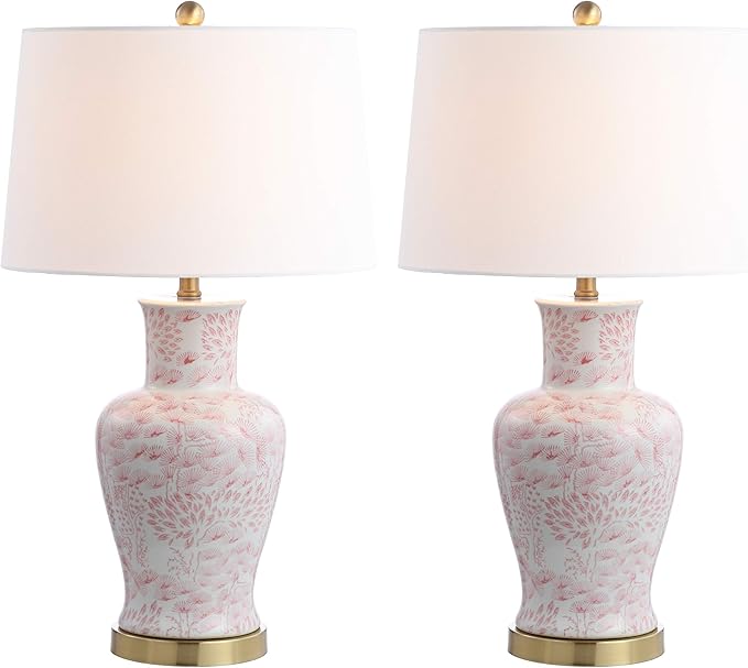 SAFAVIEH Lighting Collection Calli Pink/ White Chinoiserie 28-inch Bedroom Living Room Home Office Desk Nightstand Table Lamp Set of 2 (LED Bulbs Included)