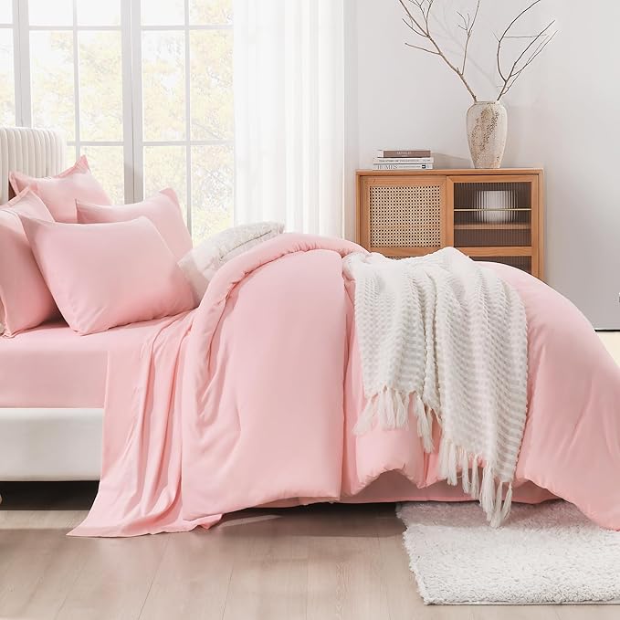 Litanika King Size Comforter Set Pink - 7 Pieces Bed in a Bag King Bedding Comforter Sets, Solid Lightweight Bed Set with Comforter, Sheets, Pillowcases & Shams