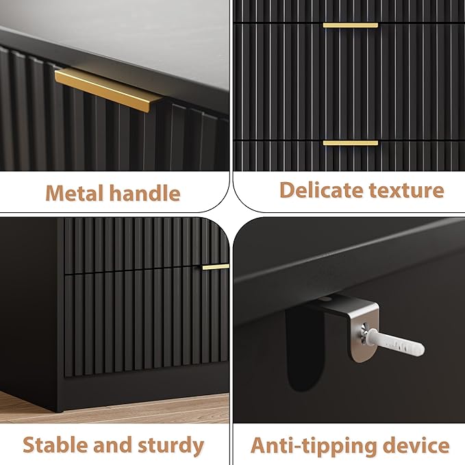 3-Piece Dresser Bedroom Set, 5 Drawer Dresser & 3 Drawer Nightstands with Gold Handles, Fluted Wood Chest of Drawers for Bedroom, Living Room, Entryway, Black