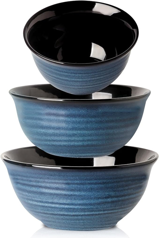 HASENSE Mixing Bowls, Ceramic Serving Bowls Set for Cooking, Baking, Prepping, Large Nesting Bowls for Salads, Fruit, Popcorn, 2.1/1.5/1.0 Qt, Dishwasher & Microwave Safe, Blue