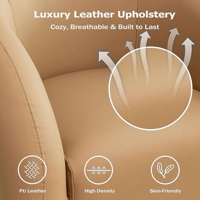 34.6" W Swivel Accent Chair, Modern Round Faux Leather Armchair for Living Room,Upholstered Comfy Sofa Chairs for Bedroom Reading Apartment Lounge,Fully Assembled(Mustard)