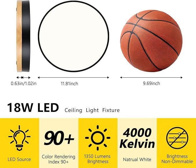 Modern Wood Ceiling Light,Round LED Flush Mount Ceiling Light,Minimalist Ceiling Lamp Black Ceiling Lighting Fixtures for Kitchen Bedroom Laundry Room Living Room Entryway Hallway&11.81 in