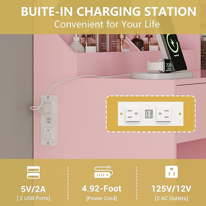 Vanity Desk with Mirror and Lights, Small Makeup Vanity Table with RGB Storage Cabinet & Power Strips & Shelves, 3 Lighting Modes & Adjustable Brightness, Dressing Table for Women Girls Bedroom, Pink