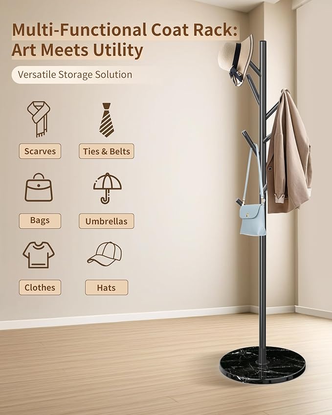 EZIVIEZ Modern Coat Rack Stand, Metal Freestanding Coat Rack with Natural Marble Base, Black Coat Racks with 8 Hooks and Coat Hanger Tree Jacket Stand for Office, Entryway, Hallway