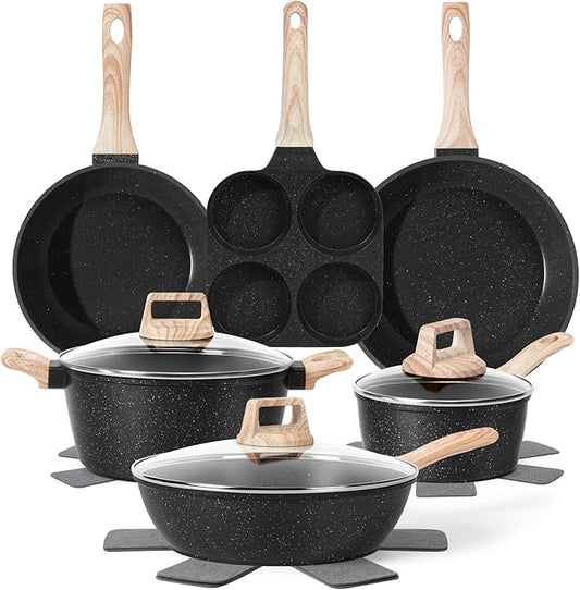 13 Pcs Pots and Pans Set, Nonstick Cookware Sets Black Granite Induction Cookware, Non-toxic Healthy Non stick Kitchen Cooking Set with Frying Pans Set, Saucepans (PFAS/PFOA/PFOS Free)
