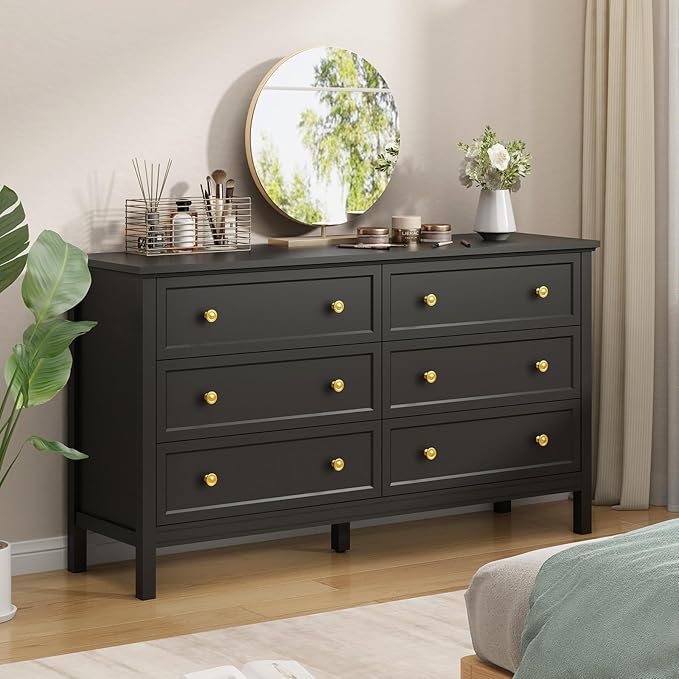 CARPETNAL Black Dresser for Bedroom, 6 Drawer Dresser with Wide Drawer and Metal Handles, 55" Black and Gold Dresser, Wood Dressers & Chests of Drawers for Hallway, Entryway.
