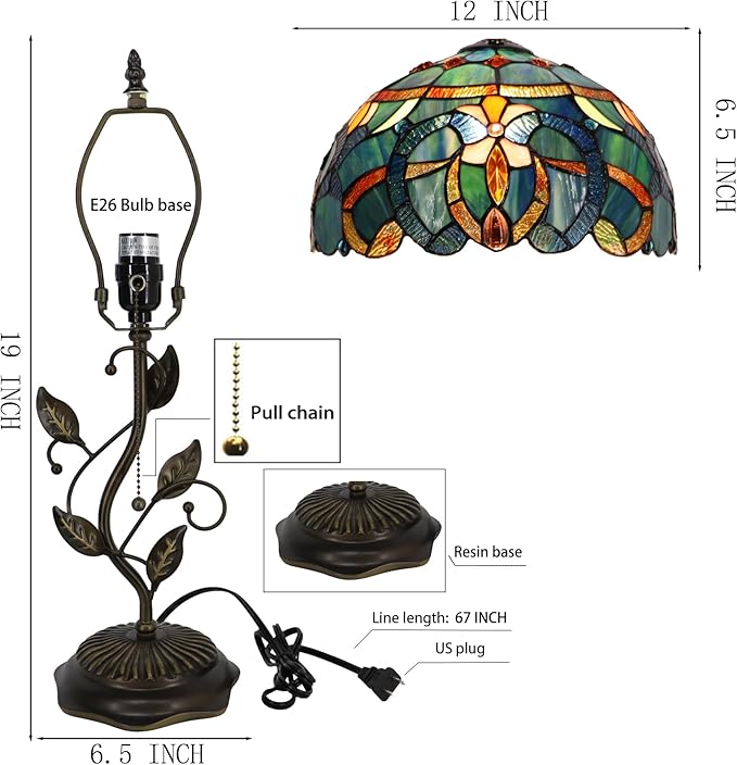 Tiffany Table Lamp, Stained Glass Desk Light, W12H19 Inch, Metal Leaf Base (Blue Baroque Style)