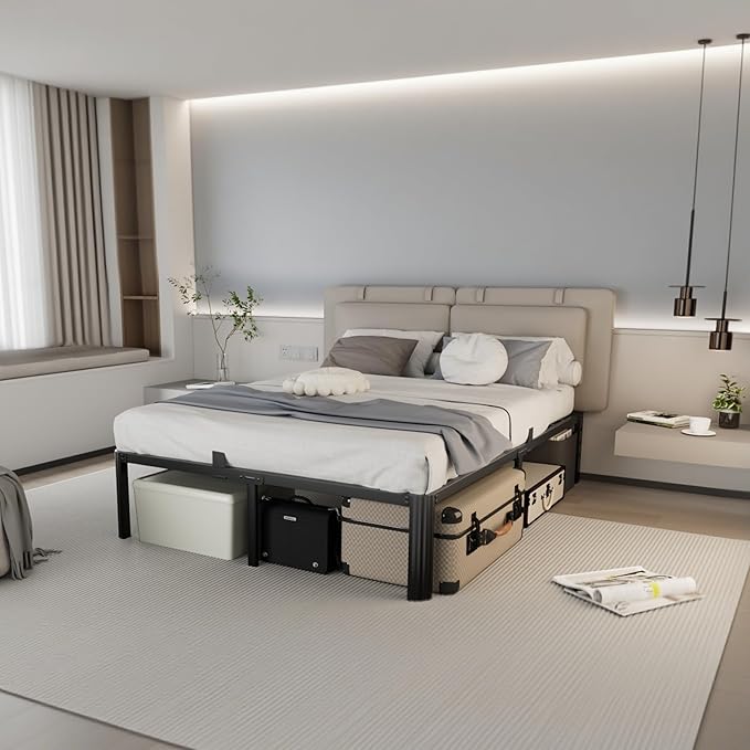 14 inch Metal Queen Bed Frame with Rounded Corner and Headboard Hole Mattress Retainers 3500LBS Heavy Duty Steel Slats No Box Spring Needed Platform Noise-Free Easy Assembly Queen Bed Frames