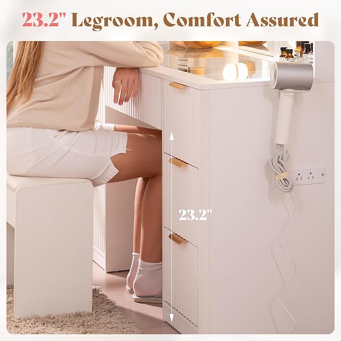 AMERLIFE 36.2" Fluted Vanity Desk with Large Mirror and Adjustable LED Lights, 4 Drawers Makeup Table with Glass Top and Charging Station for Women and Girls, Bedroom or Dorm, White