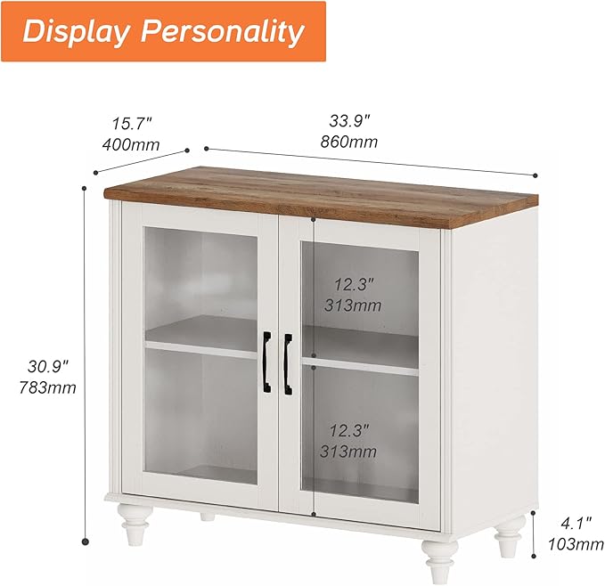 Wampat TV Stand for 43 Inch TV with LED Light, Wood Console Table for Living Room, Buffet Cabinet with Glass Door for Dining Room, Off White