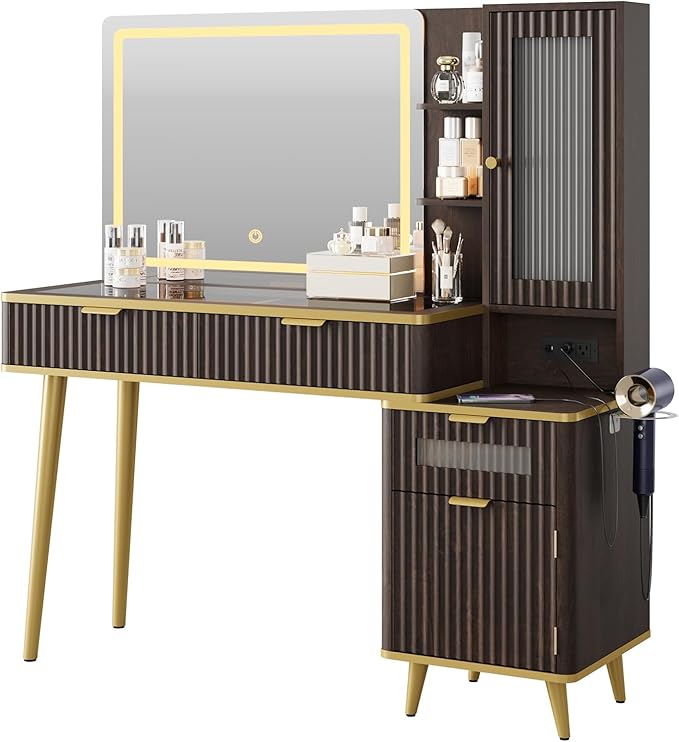 QUW Fluted Makeup Vanity Desk with Mirror and Lights, Modern Glass Top Vanity Table with Charging Station, Vanity Mirror 3 Lighting Modes Adjustable Brightness, Dressing Table for Bedroom, Dark Walnut
