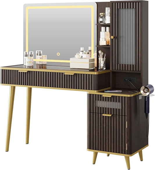 QUW Fluted Makeup Vanity Desk with Mirror and Lights, Modern Glass Top Vanity Table with Charging Station, Vanity Mirror 3 Lighting Modes Adjustable Brightness, Dressing Table for Bedroom, Dark Walnut