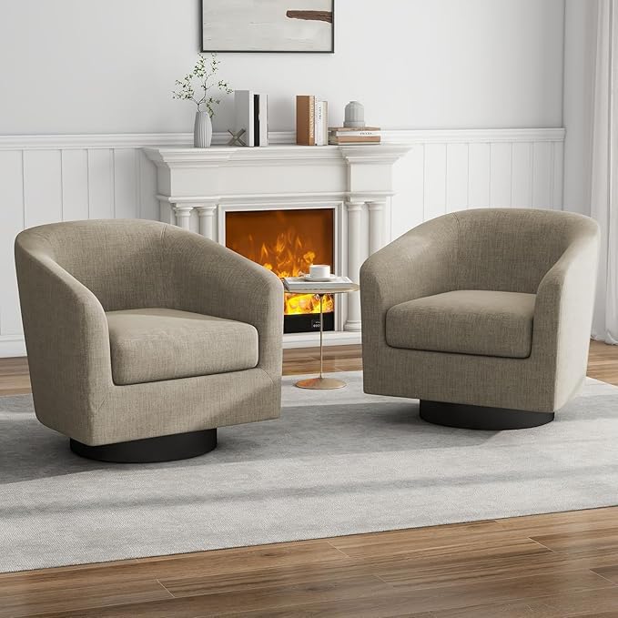 UIXE Swivel Barrel Accent Chairs Set of 2, Fabric Club Chair Upholstered Armchair for Living Room, Round Arm Chair Single Sofa Bedroom Reading Seat - Light Brown