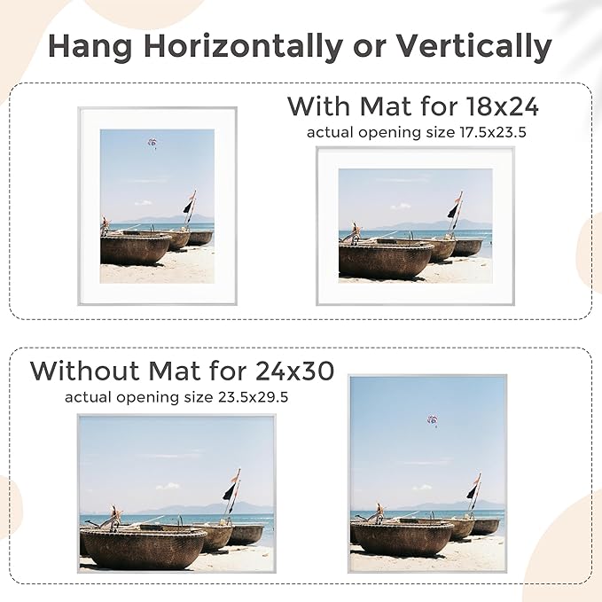 24x30 Metal Picture Frame for Wall With Mat for 18x24, 24''x30'' Aluminum Photo Frames With Tempered Glass for Home Decor, Minimalist Modern Poster Frame Horizontal And Vertical Formats, Silver