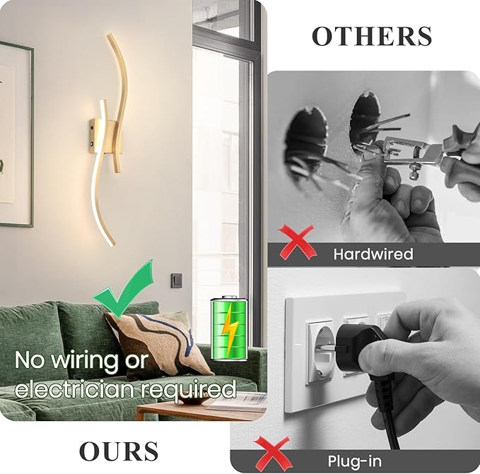 Battery Operated Wall Sconces with Remote Control, Rechargeable Dimmable Touch Wall Sconces Set of Two, 3000K-6500K LED Wireless Wall Light for Living Room Bedroom Hallway,31.5inch(Gold)