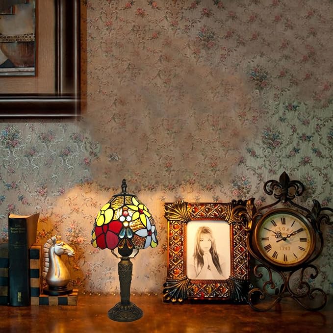 Tiffany Style Small Table Lamp,Rose Flower Stained Glass 3 Color Temperature Antique Table Lamps,Bedside Nightstand Lamp for Bedroom,Living Room,Home Office, Include LED Bulb,6X6X12.5Inch