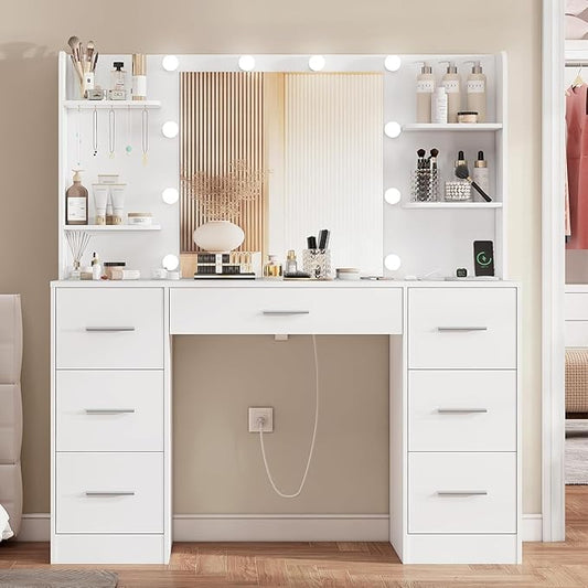 Large Makeup Vanity, 42.1" Vanity Desk with Mirror and Lights, Makeup Vanity Table with 7 Drawers, 4 Shelves, 5 Jewel Hooks & Power Strip, Vanity Desk Set for Bedroom, White