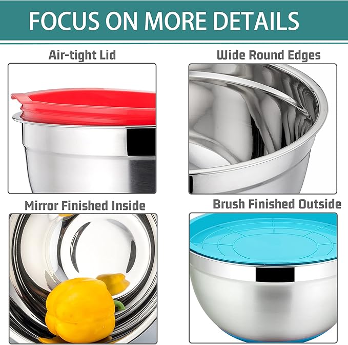 P&P CHEF Mixing Bowls With Lids, Set of 6, Stainless Steel Nesting Mixing Bowls & Fitting Lids & Non-Slip Silicone Bottom, Ideal for Mixing, Storing, Size 0.7/1/1.5/2.5/3/4.6 Qt, Multicolor